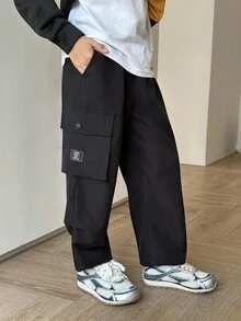 SHEIN 2pcs/Set Tween Boys' Casual Loose Solid Color Cargo Pants With Pockets, Relaxed Fit Woven Joggers, Daily Wear