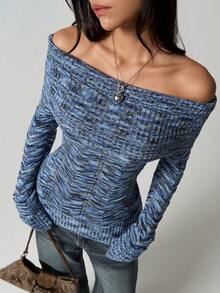 SHEIN TRNDY Pull asymétrique à épaules dénudées pour femme, en maille bleue, coupe ajustée et extensible, idéal pour l'automne/hiver.