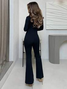 Jemour Square Neck Flare Leg Black Jumpsuit - Black - View 2