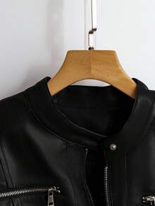 SHEIN Clasi 大码女式纯色长袖拉链翻领保暖内衬休闲PU皮夹克 - 黑色 - 查看 6