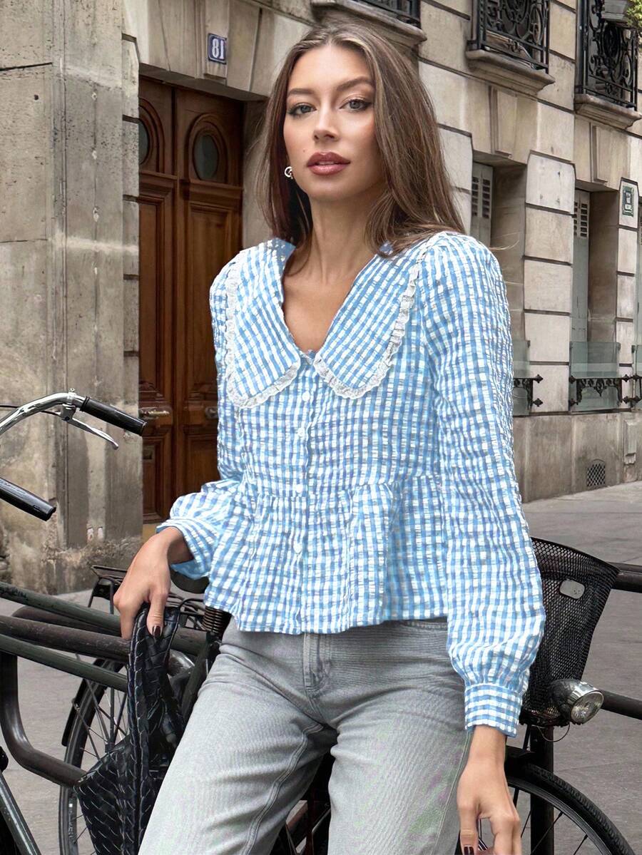 Pariaura French Style Plaid Peter Pan Collar Patchwork Ruffle Women Shirt