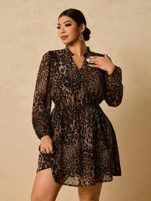 Travachic 大码女式雪纺豹纹长袖连衣裙，V 领系腰 A 字短裙，秋冬分层连衣裙 - 卡其色 - 查看 6