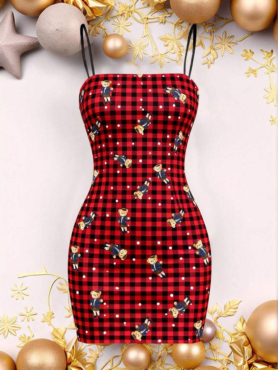 SHEIN EZwear Lässiges minimalistisches Weihnachts-Rot-Karomuster Bär-Muster ärmelloses Kleid für Frauen, geeignet für Weihnachten, geeignet für Partys - Verschiedenfarbig - Übersicht 1