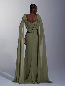 Elitara Elegant Formal Dinner Wedding Guest Olive Green Autumn Evening Party Prom Bridesmaid Maxi Dress Chiffon Draped Neck Rhinestone Fish Tail - Olive Green - View 5