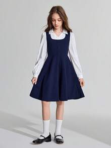 Maija Kids Maija Kids 少女针织蓝白撞色领二合一长袖连衣裙 - 藏蓝色 - 查看 3