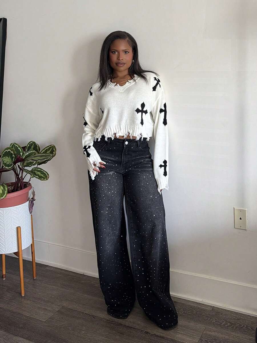 Tyla Gomez 复古性感修身洗水钻缀饰阔腿牛仔裤 牛仔裤 闪光牛仔裤 水钻牛仔裤 - 黑色 - 查看 1