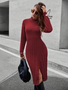 EMERY ROSE Elegant Fitted Waist Long Slit Sweater Dress For Women - Burgundy - View 4