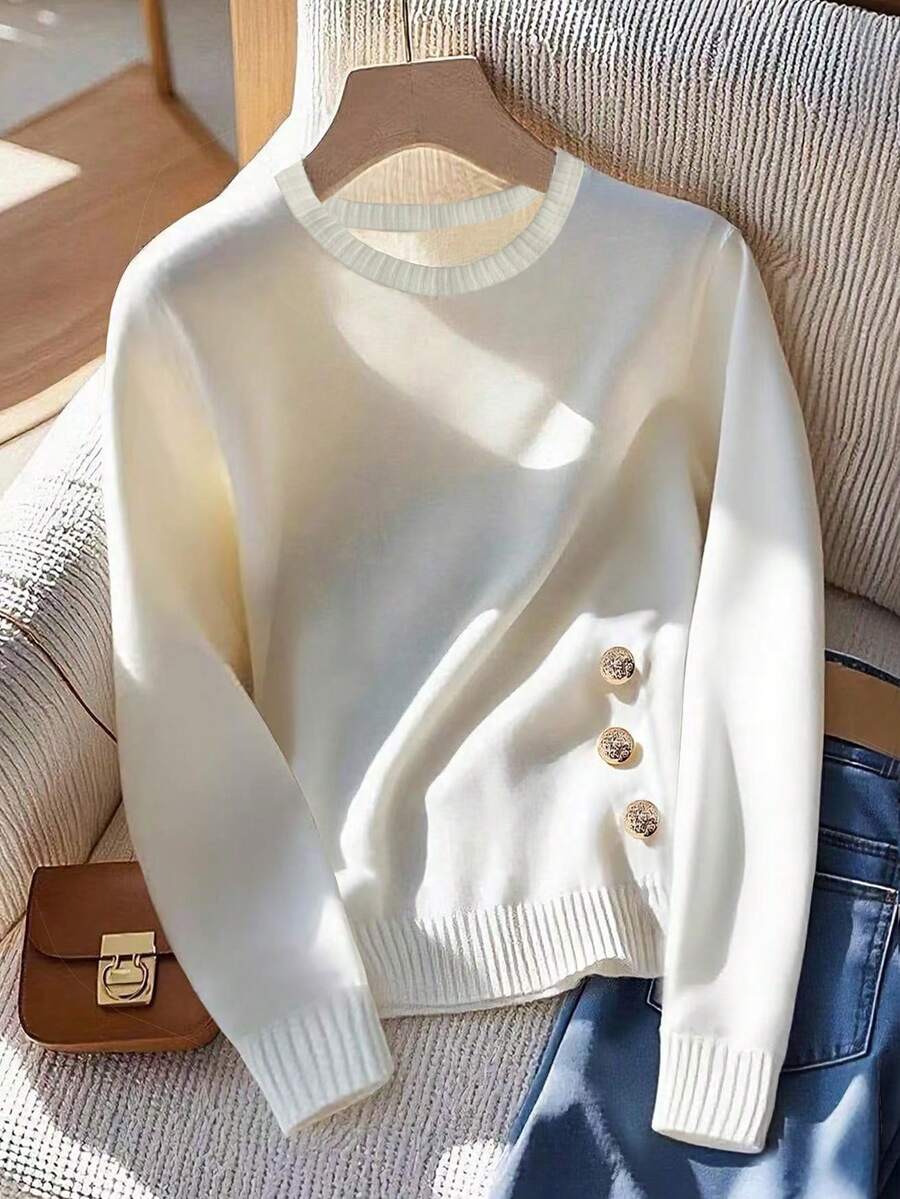 GlowEve Camiseta de manga larga de unicolor casual para mujer, versátil para primavera y otoño - Blanco - Ver 1