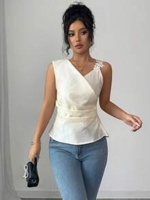 SHEIN Elenzya Women's Elegant Lace Patchwork Waist Sculpting Sleeveless Top, Summer - Apricot - View 5