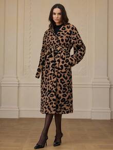 GENKIRA Áo khoác dài đi làm phong cách tối giản, thoải mái, rộng rãi, thiết kế thắt lưng bằng lông giả họa tiết lạc đà, họa tiết báo, thu/đông - Nhiều màu - Xem 3