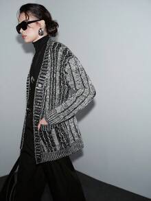 SHEIN LUNE 时尚麻花针织休闲开衫（混纺纱颜色随机），秋冬 - 彩色 - 查看 4