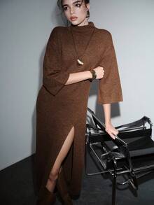 Lumivelle 女式优雅高领半袖开衩毛衣裙，秋冬