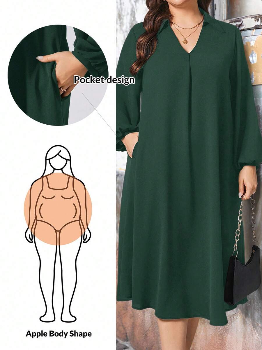 SHEIN Essnce 大码女装春夏时尚休闲宽松舒适清凉日常棕色 V 领长袖中长连衣裙、保守连衣裙、女式教堂服装、老钱风格、女式端庄服装、秋季服装 - 墨綠色 - 查看 1