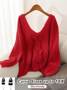 SHEIN CURVE+ 法式大码蕾丝拼接V领红色蝴蝶结装饰毛衣，冬季圣诞服装女装和新年女装 - 紅色 - 查看 1