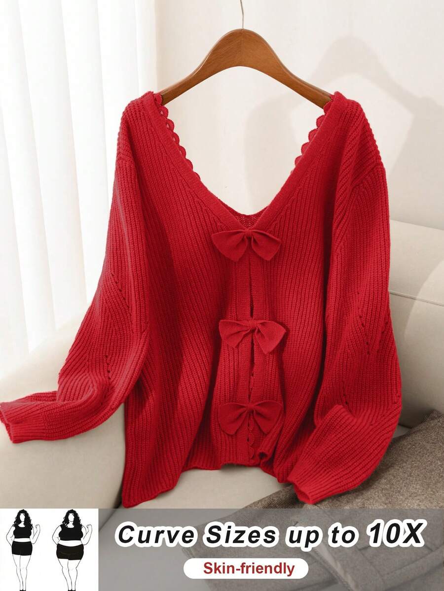 SHEIN CURVE+ 法式大码蕾丝拼接V领红色蝴蝶结装饰毛衣，冬季圣诞服装女装和新年女装 - 紅色 - 查看 1