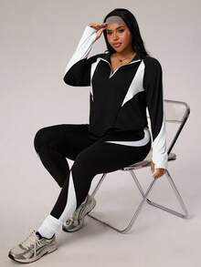 Rhythm Era Plus Size Neon Splice 2 Pieces Set, Half-Zip Long Sleeve Fitted Sweatshirt With Thumb Hole And Skinny High Waist Leggings - Black and White - View 5
