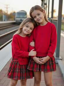 Emery Rose Kids 女童拼色长袖连衣裙，红色连衣裙，红色运动衫，圣诞连衣裙，适合日常、派对、学校穿着