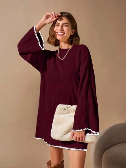 SHEIN Pullover Bege Long Sweater With Hem And Sleeve Detail+320
