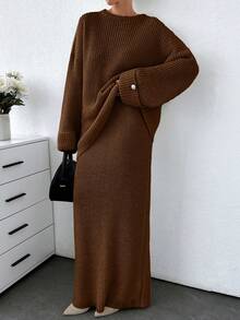 EURMUSE Plus 女士纯色厚实毛衣和毛衣裙套装 - 棕色 - 查看 1