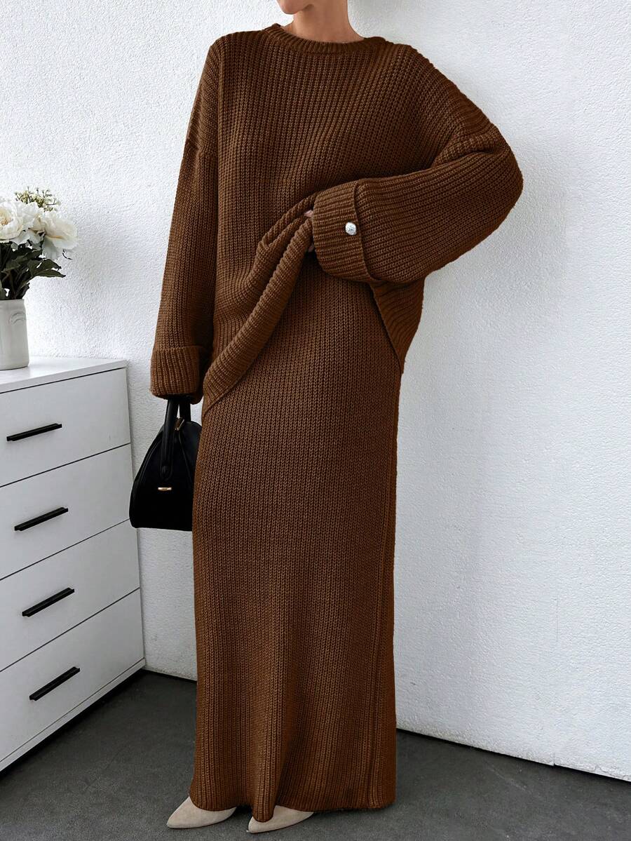 EURMUSE Plus 女士纯色厚实毛衣和毛衣裙套装 - 棕色 - 查看 1