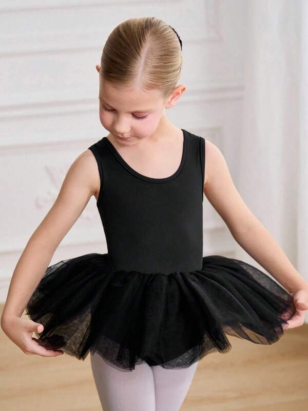 SHEIN Young Girl Solid Color Round Neck Mesh Patchwork Ruffle Hem Jumpsuit