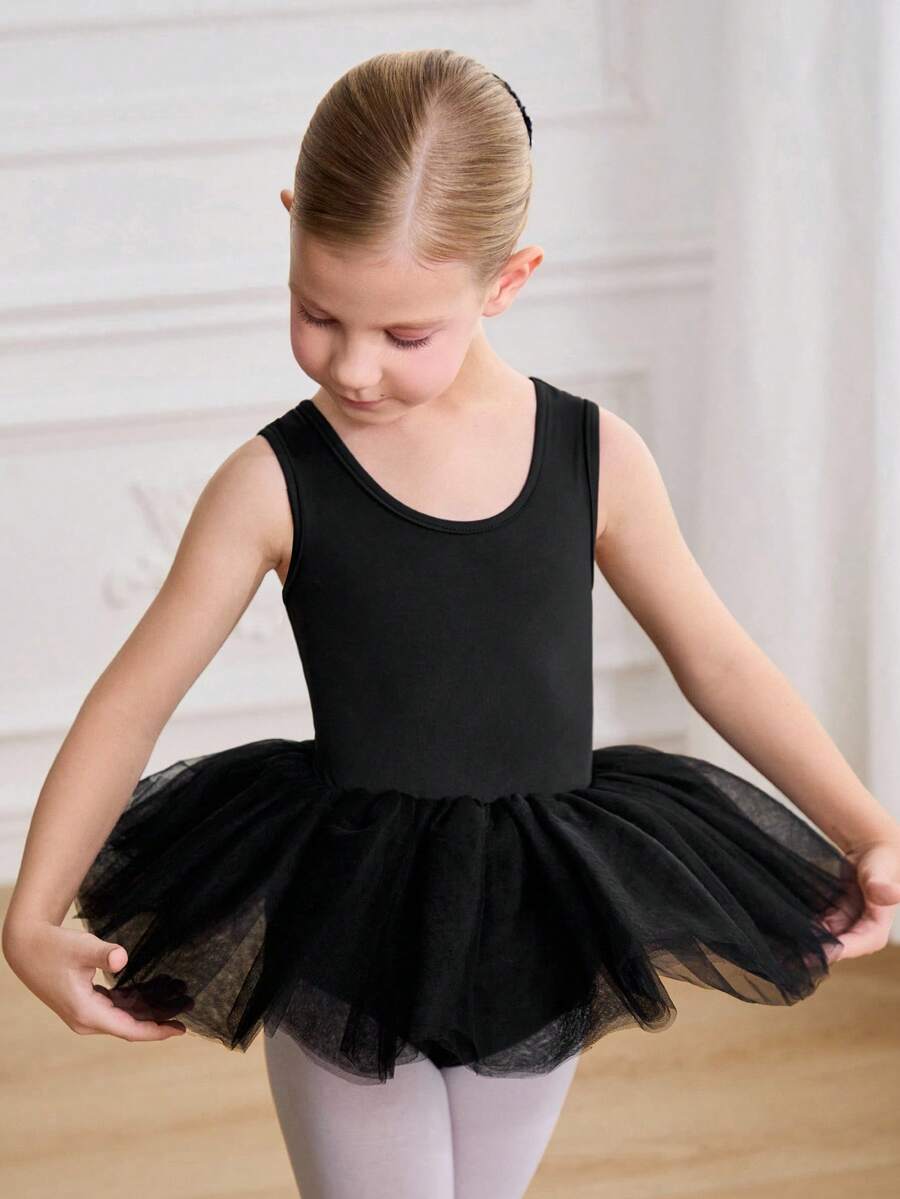 SHEIN Young Girl Solid Color Round Neck Mesh Patchwork Ruffle Hem Jumpsuit