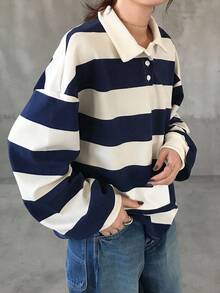 FRIFUL 女士宽松圆领落肩长袖条纹休闲T恤，百搭秋冬