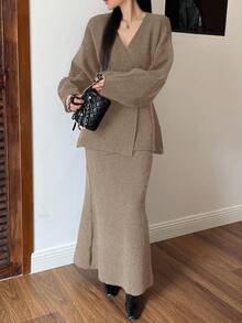 DAZY 2pcs Autumn/Winter New Elegant Fitted Cardigan & Knit Skirt Set For Women - Khaki - View 2