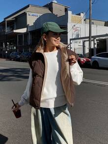 DAZY 2-In-1 Patchwork Faux Fur Lining Padded Vest, Short Style Women Padded Coat - Brown - View 10
