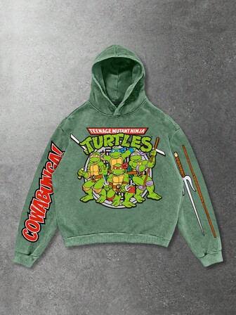 TEENAGE MUTANT NINJA TURTLES X ROMWE Sudadera con capucha de hombre con estampado de dibujos animados en verde lavado