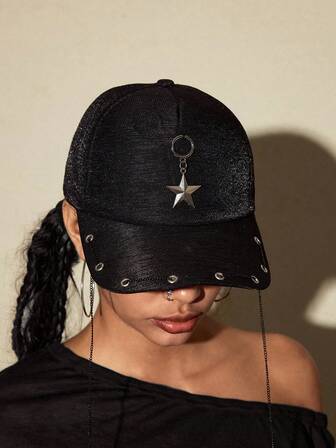 Grunge Punk 1pc Black Y2K Punk Style Metal Chain Star Eyelet Decoration Simple Baseball Cap, Suitable For Sports, Casual Outing, Daily Commute