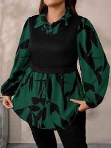 EMERY ROSE Blusa casual de punto con estampado floral y patchwork para mujer talla grande, otoño/invierno - Verde Oscuro - Ver 6