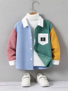 Kids Boy Casual Everyday Comfortable Patchwork Contrast Color Letter Embroidered Hooded Long Sleeve Woven Shirt, Suitable For School, Garden, Beach, Birthday, Spring, Summer, Fall, Winter