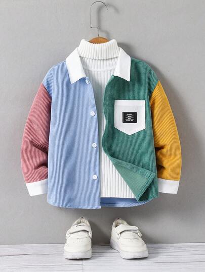 Barn Pojke Casual Vardag Bekväm Patchwork Kontrastfärgad Bokstav Broderad Huva Långärmad Vävd Skjorta, Lämplig För Skola, Trädgård, Strand, Födelsedag, Vår, Sommar, Höst, Vinter