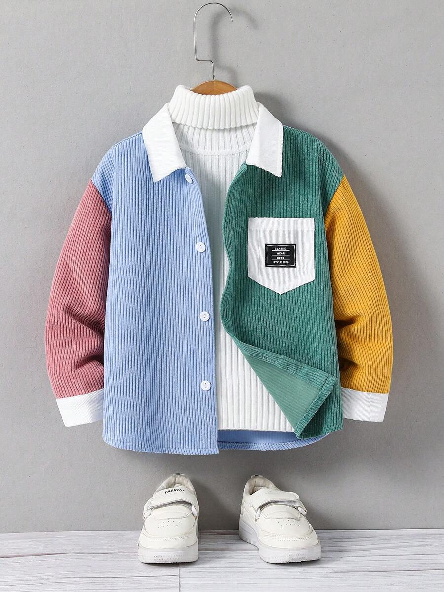 Kids Boy Casual Everyday Comfortable Patchwork Contrast Color Letter Embroidered Hooded Long Sleeve Woven Shirt, Suitable For School, Garden, Beach, Birthday, Spring, Summer, Fall, Winter