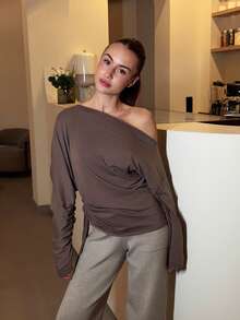 Women Casual Solid Asymmetric Collar Drawstring Top, Autumn - Brown - View 5