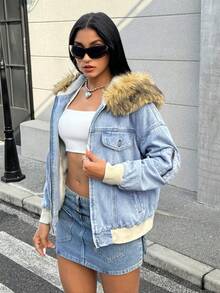 Jeanoix Women's Casual Fashion Street Loose Fit Drop Shoulder Faux Fur Patchwork Hooded Zip-Up Denim Jacket, Autumn/Winter - Blue - View 3