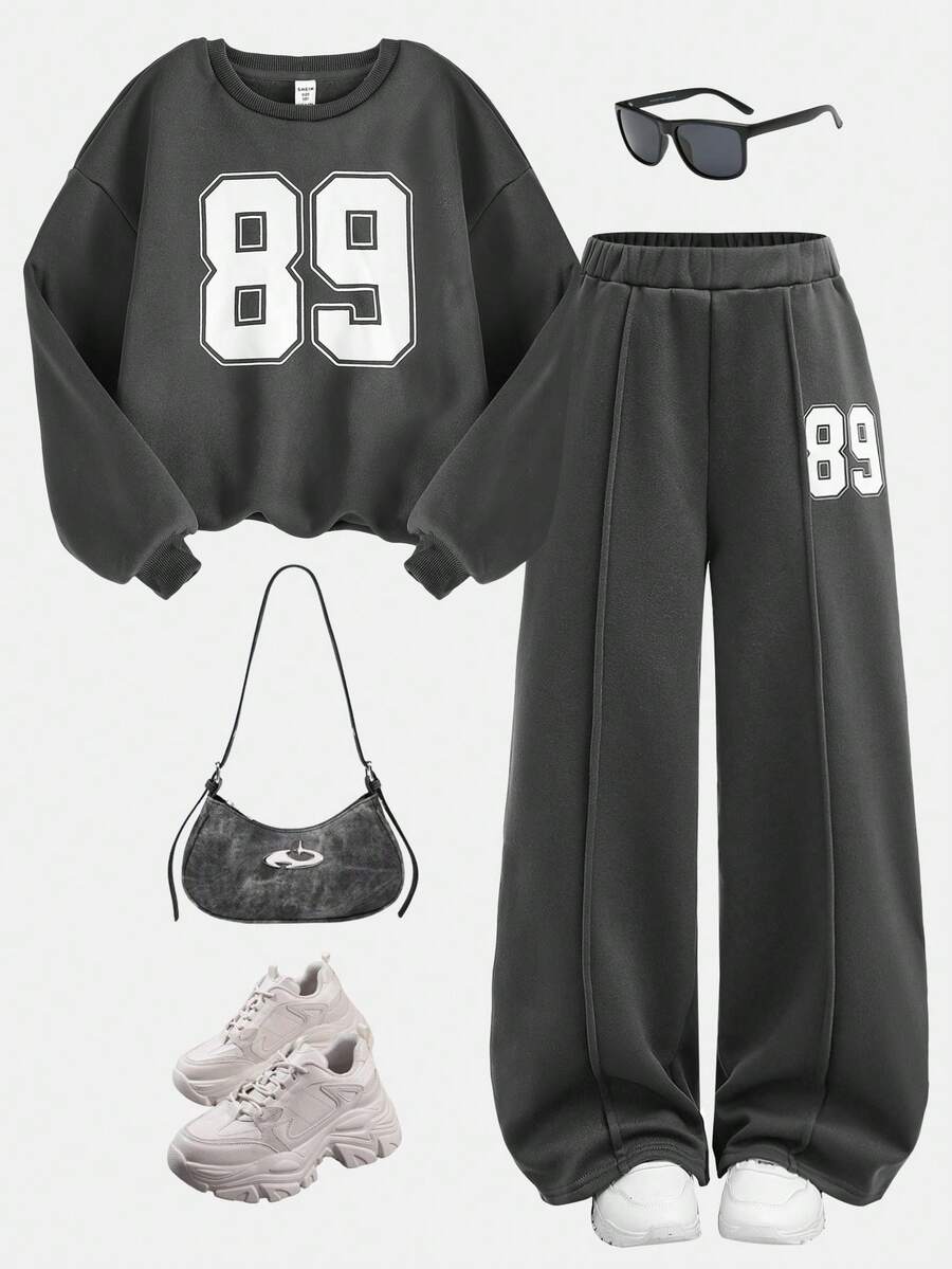 SHEIN Girlism Tween Girls Casual School Street Fashion Letter & Number Graphic Crew Neck Sweatshirt And Pleated Wide Leg Straight Pants Knit Tracksuit Back To School Outfit 90s Kids Outfit Outfit Set 90s Clothes Girls Outfit Sets Baggy - Dark Grey - View 1