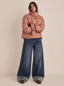 Easelle Retro Casual Loose Tie-Up Plaid Padded Padded Coat For Women Earthy Clothes Women Women Fall Clothes Women Western Clothing Cowgirl Outfits For Women Gingham Puffer Jacket - Multicolor - View 7