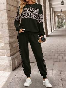 SHEIN LUNE 女式长袖豹纹拼布运动衫和长款运动裤冬季套装两件套女装 - 墨綠色 - 查看 4