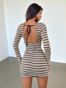 Aloruh Váy ngắn tay dài thời trang ôm sát họa tiết sọc dành cho nữ - màu nâu - Xem 1