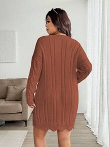 Vionelle Plus Size V-Neck Wavy Hem Drawstring Cable Knit Pattern Long Sleeve Sweater Dress, Solid Color, Casual & Fashionable For Autumn/Winter - Redwood - View 2