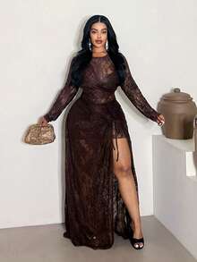 Maweii Đầm gợi cảm, xuyên thấu, ren, xẻ tà, dáng suông dành cho nữ cỡ lớn, thích hợp mặc đi làm hoặc dự tiệc, mùa Thu/Đông. - Cà phê nâu - Xem 6