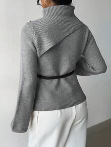 Elenzga Khaki Elegant Flared Sleeve Niche Design Collar, Paired With Brown Metal Fashionable Belt, Women Sweater For Autumn/Winter - Grey - View 2