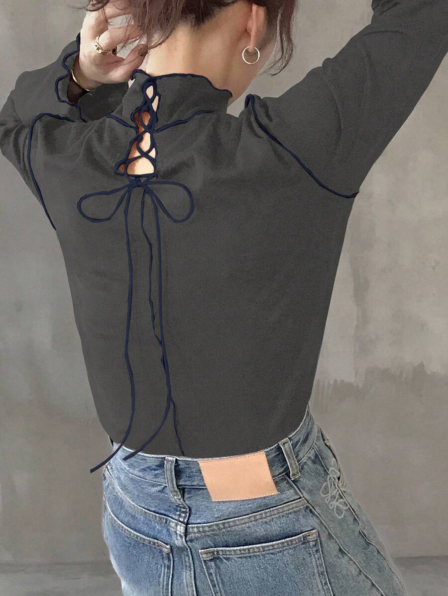 FRIFUL 女式黑色纯色高领长袖撞色滚边后颈抽绳镂空设计修身休闲百搭 T 恤,秋冬 - 深灰色 - 查看 1