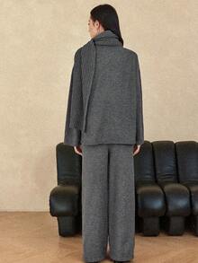 Dazy-Less 女士宽松商务休闲优雅开衫针织上衣和直筒裤两件套，秋冬 - 灰色 - 查看 2