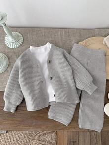 SHEIN LMoss Kids LMoss 女婴两件套开衫和阔腿裤针织装，适合秋冬季户外休闲场合 - 灰色 - 查看 4