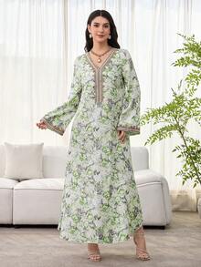 Al Najma 女士花卉印花钩编拼接长袖连衣裙，优雅端庄的A字型卡夫坦长袍，适合晚宴/婚礼宾客/周年纪念/日常穿着 - 彩色 - 查看 3