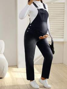 SHEIN Maternity Casual Washed Ombre Denim Bib Pants - Black - View 5