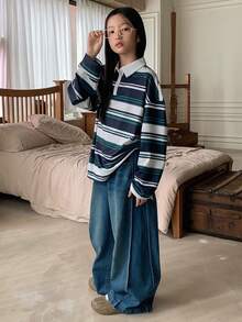 Dazy Kids Tween Girl Fall Clothes Contrast Color Striped Collar Long Sleeve T-Shirt For Girls, Plus Size